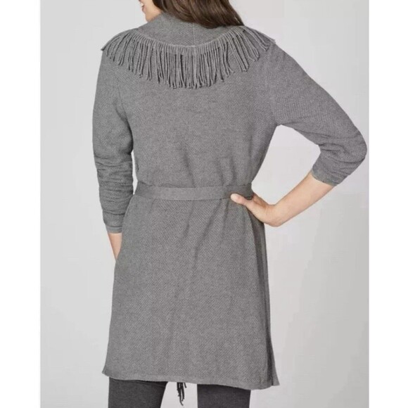 J.Jill Womens Gray Cotton Blend Fringe Trim Belted Long Sleeve Knit Cardigan S - Picture 4 of 11